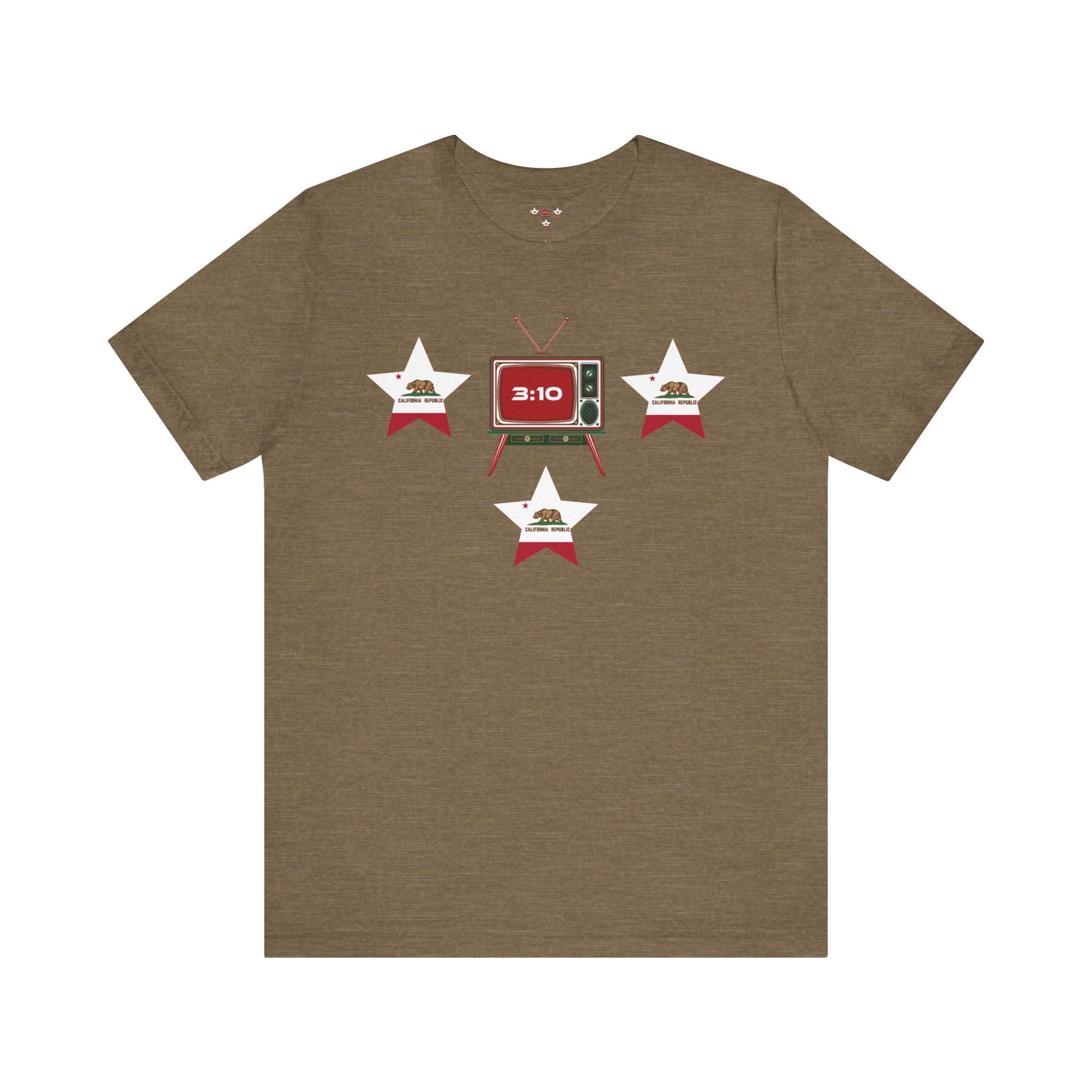 Brown crew neck t-shirt with a graphic design in middle surrouded by 3 stars with California State flag embedded.