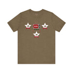 Brown crew neck t-shirt with a graphic design in middle surrouded by 3 stars with California State flag embedded.