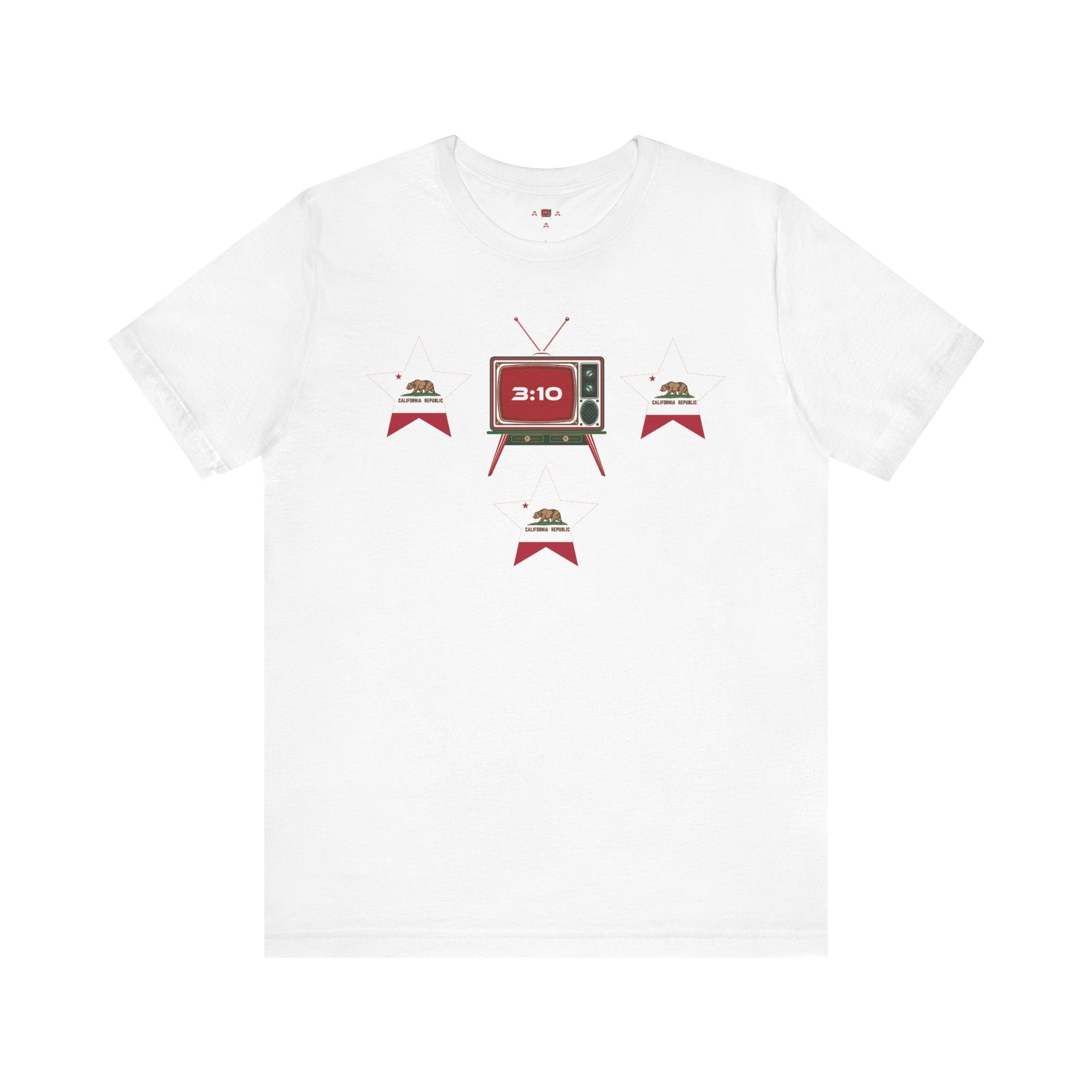  White crew neck t-shirt with a graphic design in middle surrouded by 3 stars with California State flag embedded.