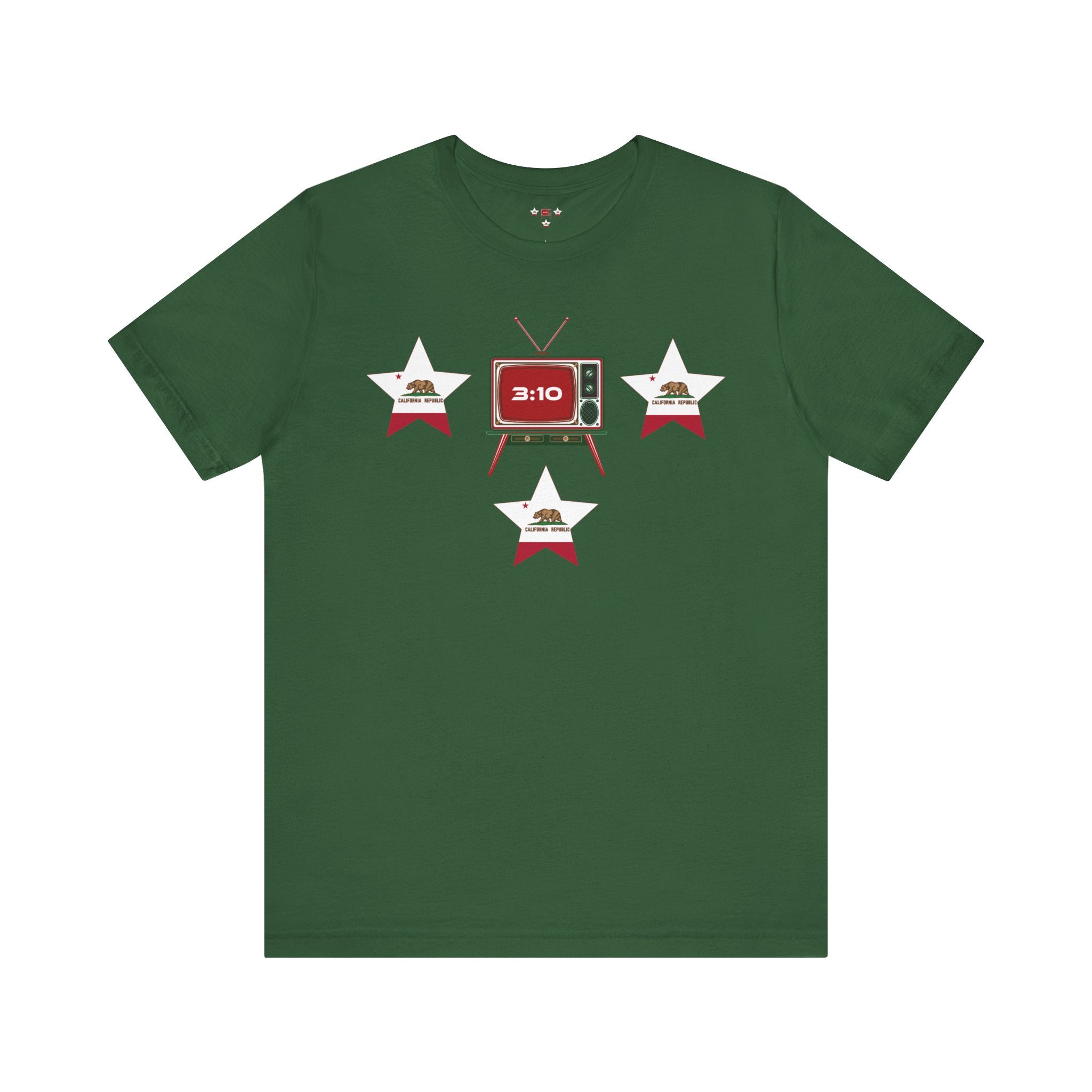 Green crew neck t-shirt with a graphic design in middle surrouded by 3 stars with California State flag embedded.