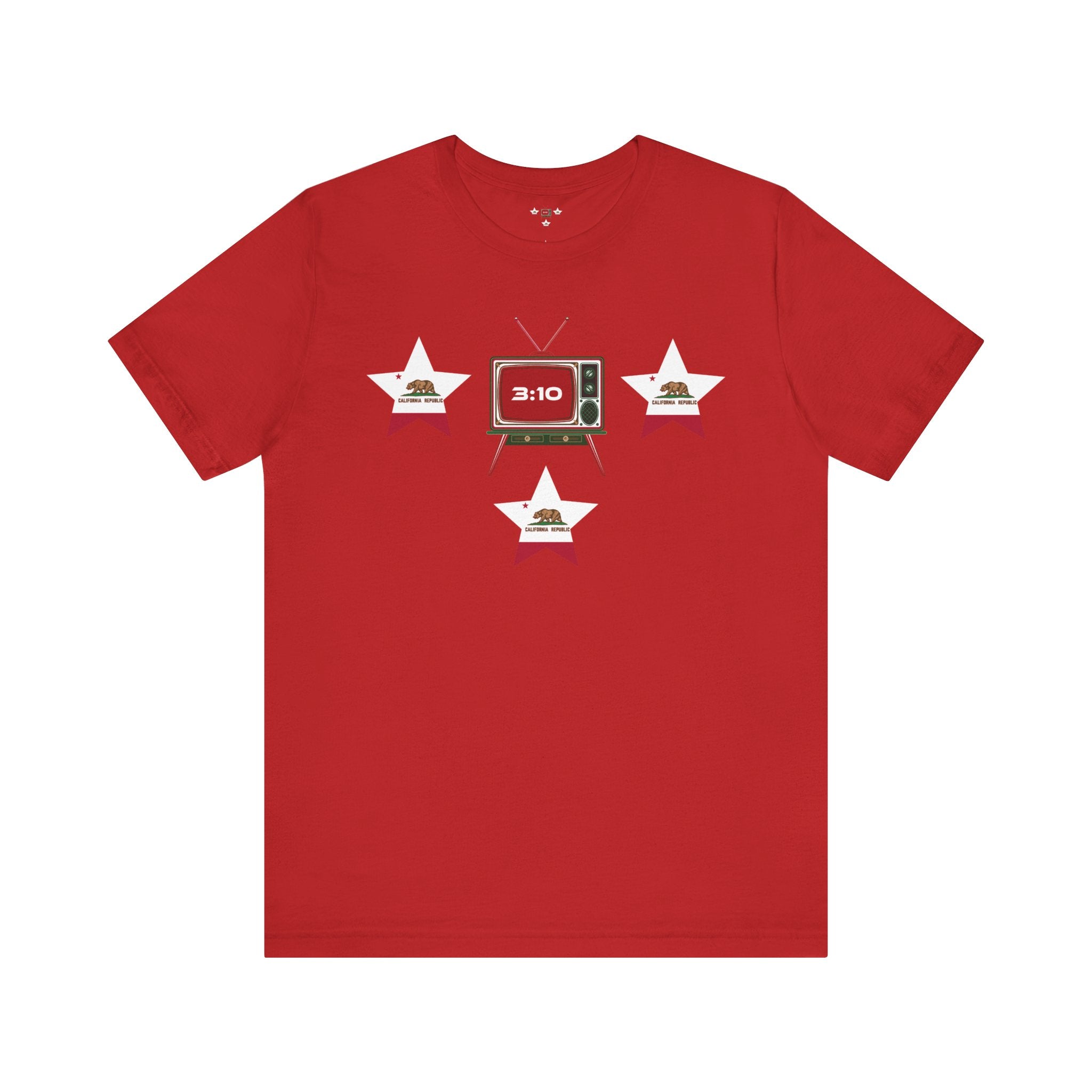 Red crew neck t-shirt with a graphic design in middle surrouded by 3 stars with California State flag embedded.