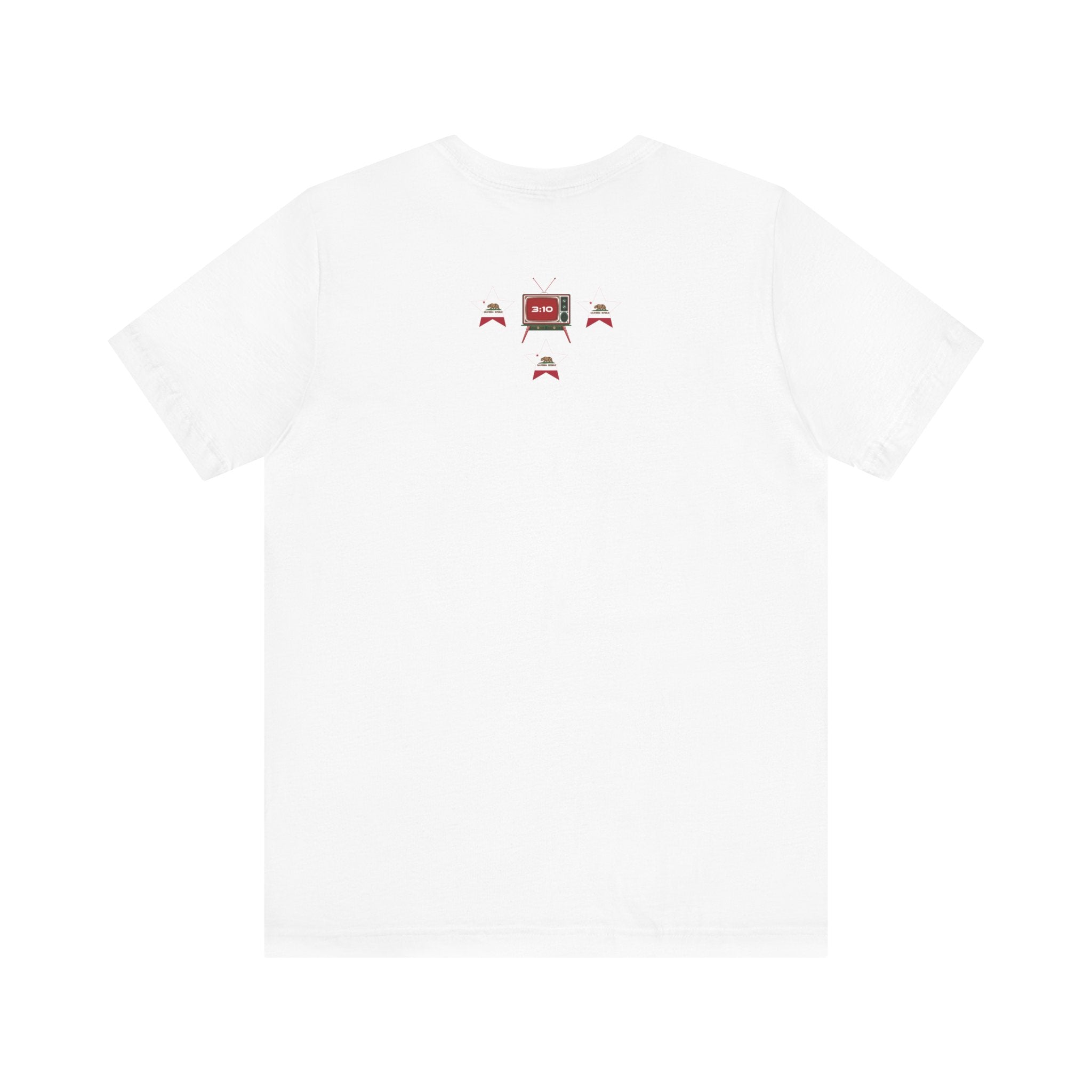 Back of White crew neck t-shirt with a graphic design in middle surrouded by 3 stars with California State flag embedded.